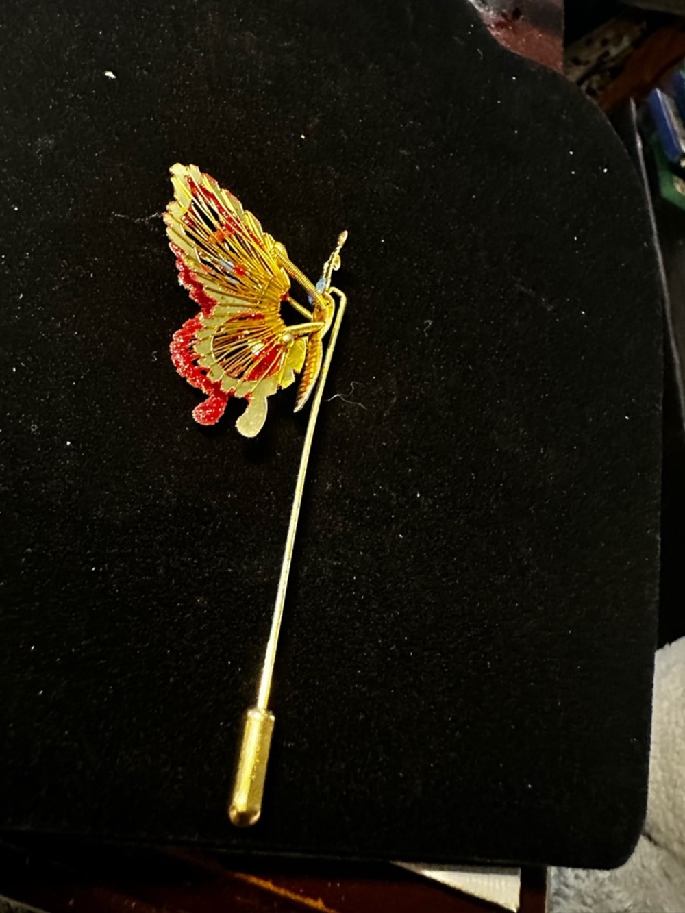 Vintage Red Glitter Butterfly Brooch with Gold Accents - Picture 13 of 13